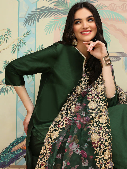 Green Thread Work Silk Crepe Straight Kurta With Trousers & Dupatta