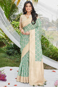 Green Cotton Thread Work Saree With Blouse Piece