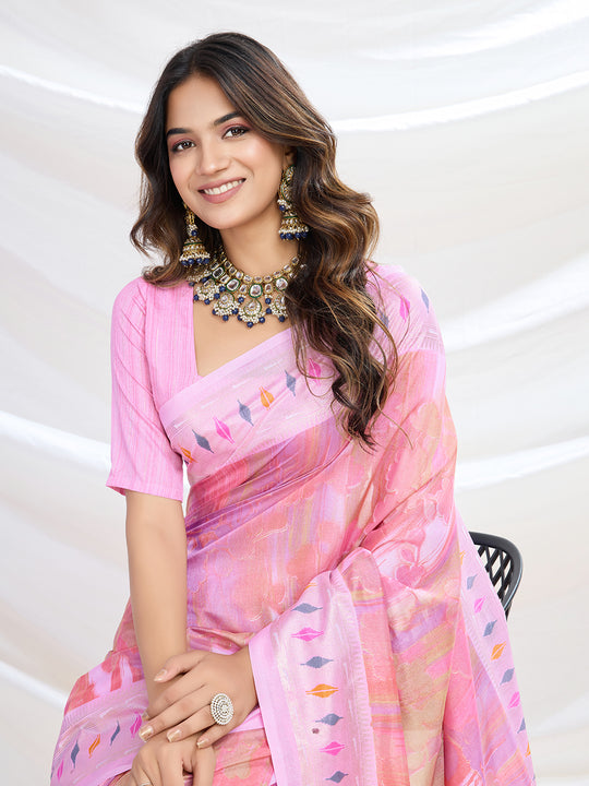 Pink Handloom Silk Festive Wear Saree With Blouse Piece