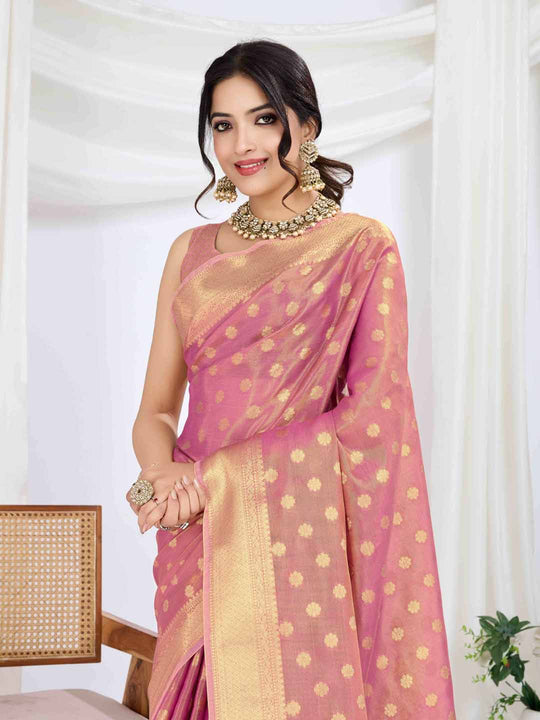 Pink Pure Tissue Silk Banarasi Saree With Brocade Blouse Piece