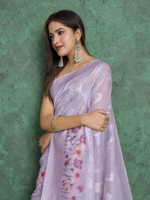 Lavendar Pure Cotton Lucknowi Woven Printed Saree With Tassels Saree With Blouse Piece