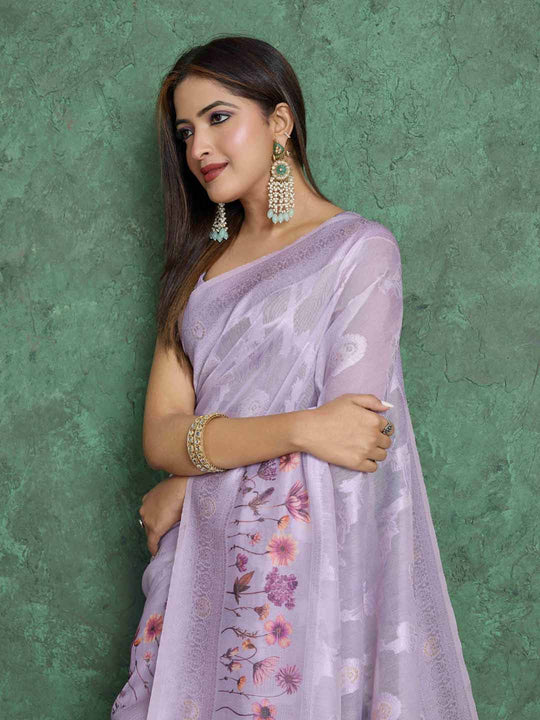 Lavendar Pure Cotton Lucknowi Woven Printed Saree With Tassels Saree With Blouse Piece