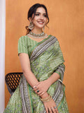 Green Pure Tussar Silk Ajrakh Block Printed With Blouse Piece