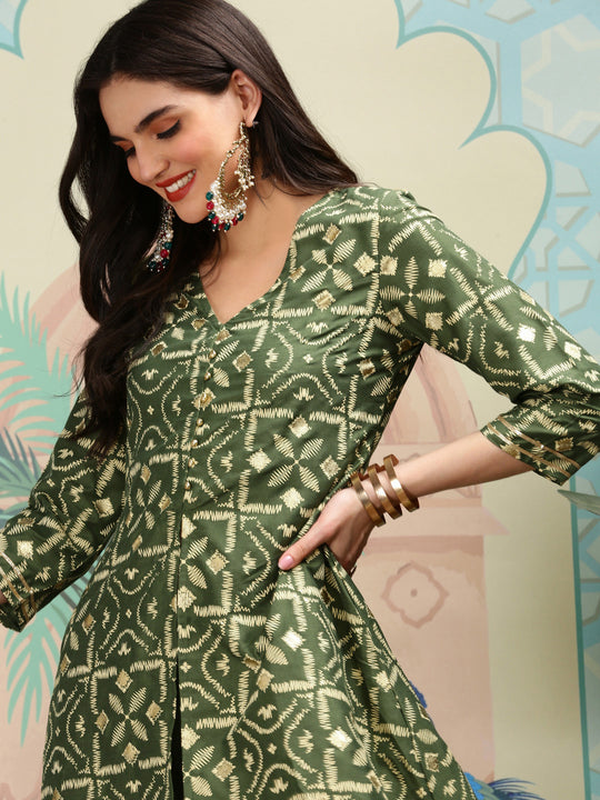 Geometric Printed V-Neck A-Line Kurta with Sharara