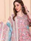 V-Neck Floral Printed Angrakha Pure Cotton Anarkali Kurta with Trousers & Dupatta