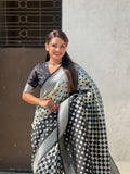 Black & White Silk Saree With Blouse Piece