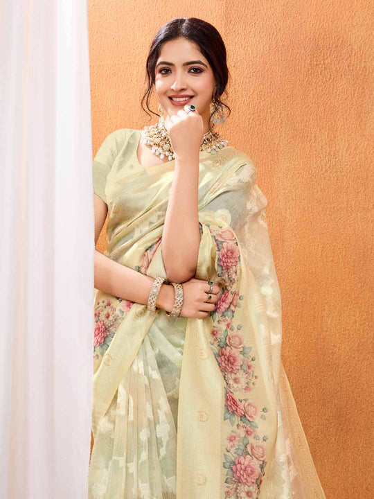 Yellow Pure Cotton Lucknowi Woven Banarasi Saree With Ombre Floral Prints