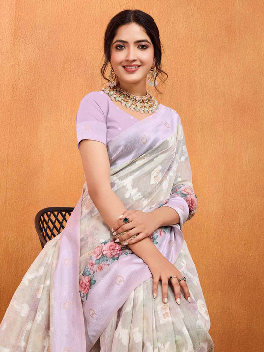 Purple Pure Cotton Lucknowi Woven Banarasi Saree With Ombre Floral Prints