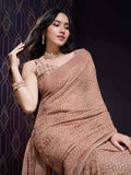 Brown Georgette Swarovski Stone Embellished Printed Saree With Blouse Piece