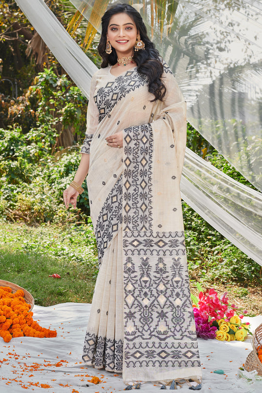 White Cotton Saree With Blouse Piece