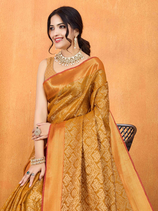 Mustard Yellow Ikkat Woven Kajeevaram Silk Rich Pallu With Blouse Piece