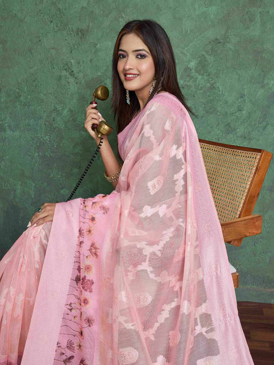 Pink Pure Cotton Lucknowi Woven Printed Saree With Tassels Saree With Blouse Piece