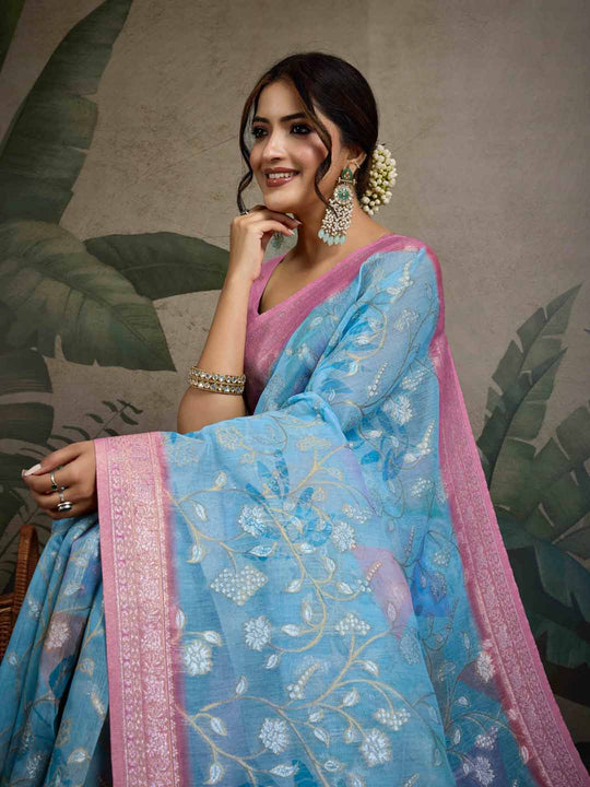 Blue Pure Cotton Double Zari Woven Banarasi Printed With Blouse Piece