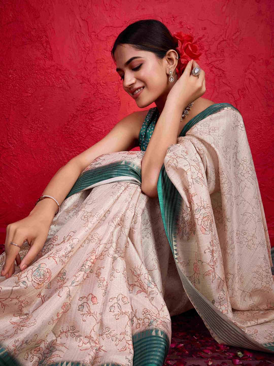 Offwhite Pure Tussar Viscose Border Paisley Digital Printed With Blouse Piece