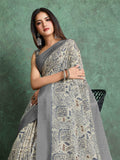 Cream Pure Handloom Tussar Woven Pallu Ajrakh Printed With Blouse Piece