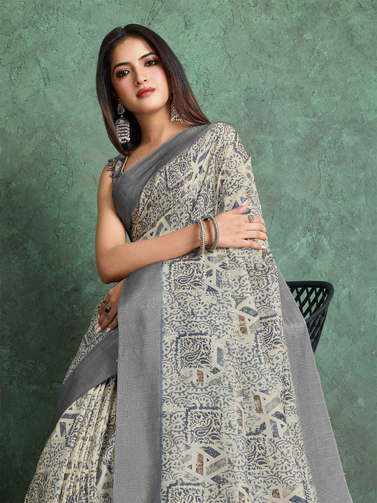 Cream Pure Handloom Tussar Woven Pallu Ajrakh Printed With Blouse Piece