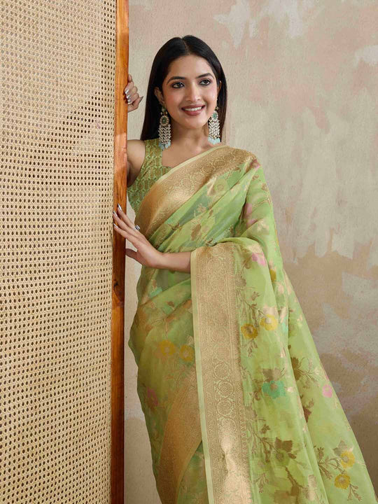 Mintgreen Organza Banarasi Woven Rich Pallu With Blouse Piece