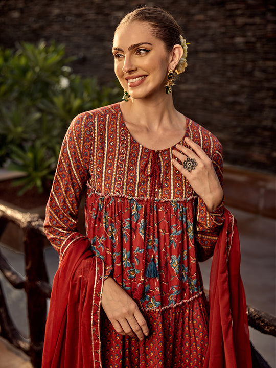 Layered Embellished Tie-Up Cotton Kurta with Solid Pants and Chiffon Dupatta
