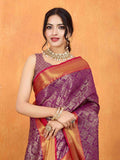 Cherrypink Yellow Ikkat Woven Kajeevaram Silk Rich Pallu With Blouse Piece