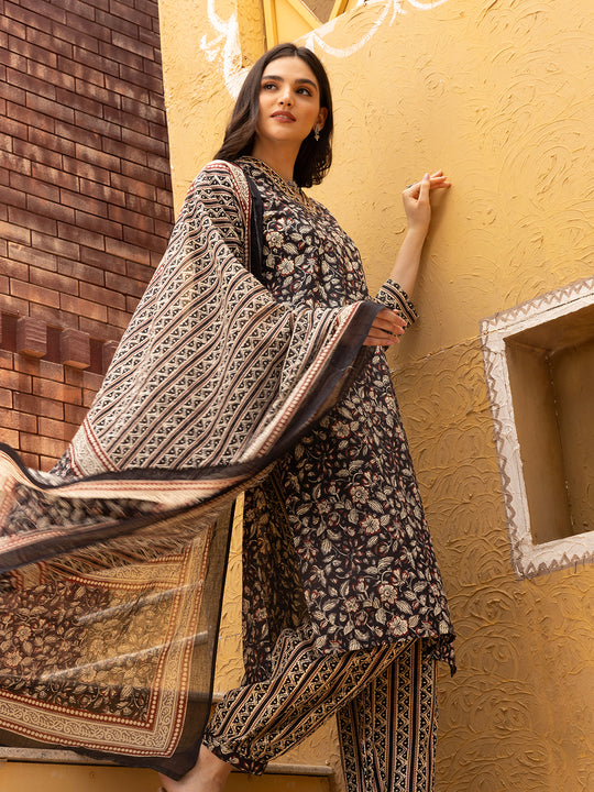 Kalamkari Embellished Cotton Kurta with Afghani Pants & Flowy Mulmul Dupatta