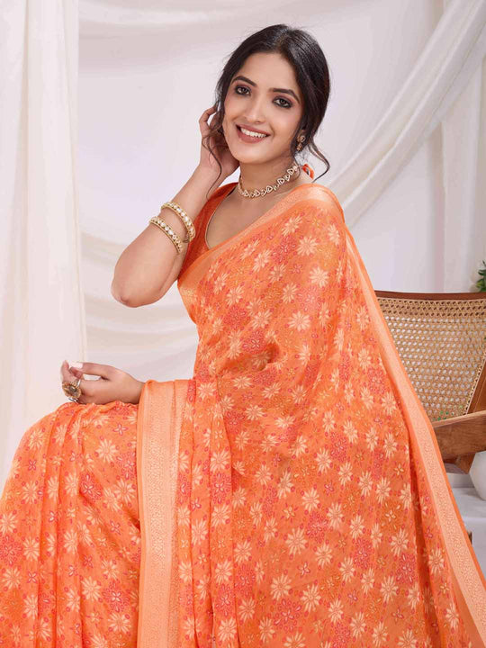 Orange Pure Chiffon Viscose Border Block Printed Saree With Blouse Piece