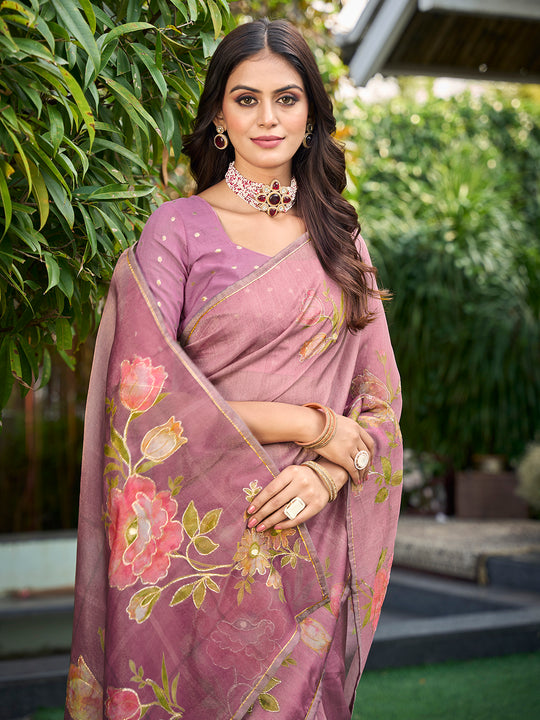Pink Tissue Festive Wear Saree With Blouse Piece