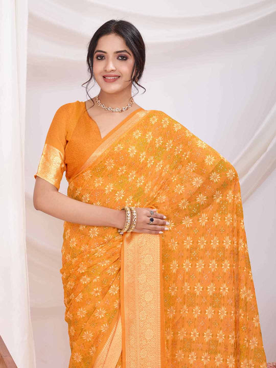 Yellow Pure Chiffon Viscose Border Block Printed Saree With Blouse Piece