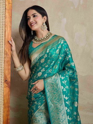 Teal Pure Satin Banarasi Saree With Tassels Saree With Blouse Piece