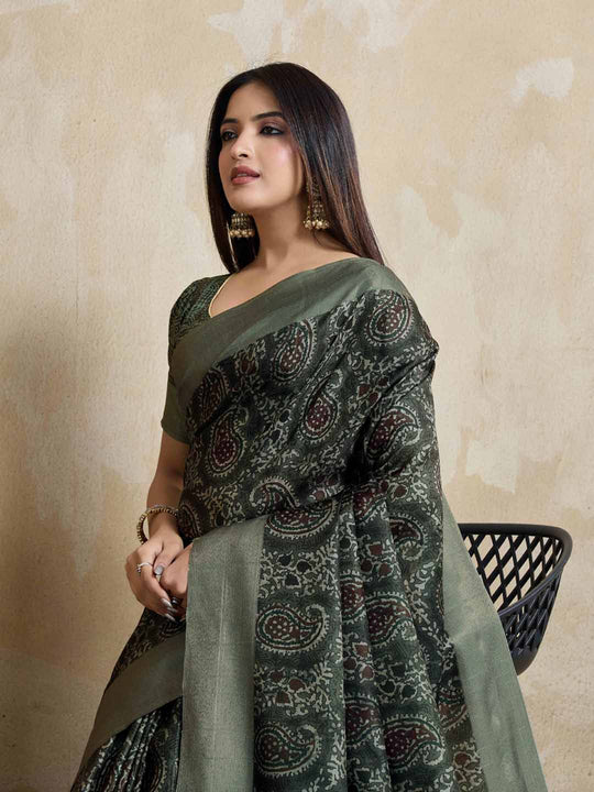 Olivegreen Pure Handloom Tussar Woven Pallu Ajrakh Printed With Blouse Piece