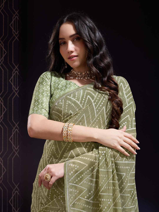 Green Georgette Swarovski Stone Embellished Printed Saree With Blouse Piece