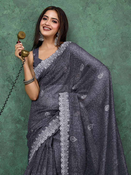 Grey Cotton Banarasi Printed Saree With Thread Embroidery Scalloping  Saree With Blouse Piece