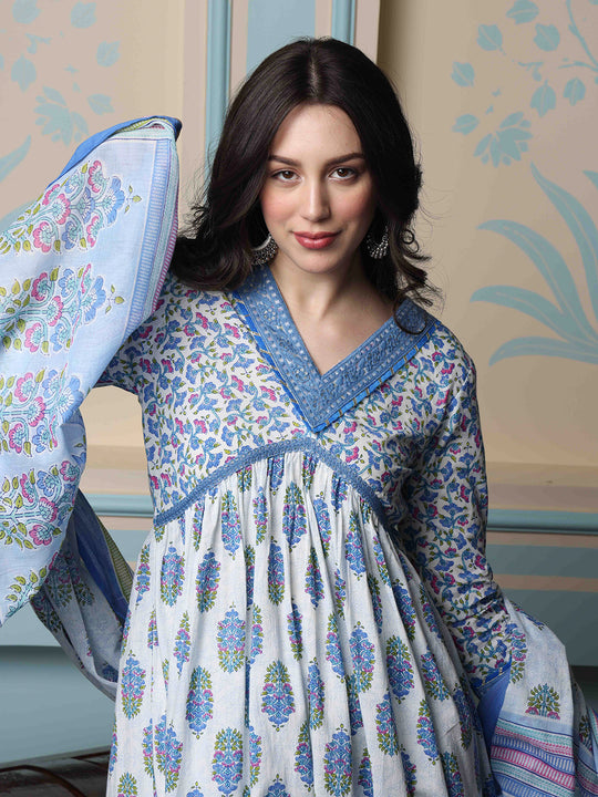V-Neck Floral Printed Empire Pure Cotton A-Line Kurta with Trousers & Dupatta