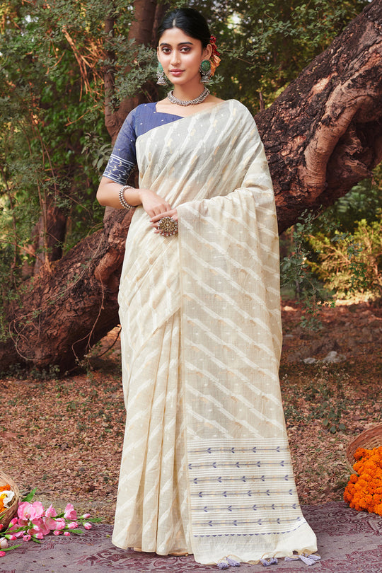 White Cotton Saree With Blouse Piece