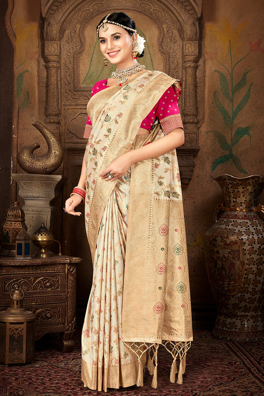 Cream Silk Saree With Blouse Piece