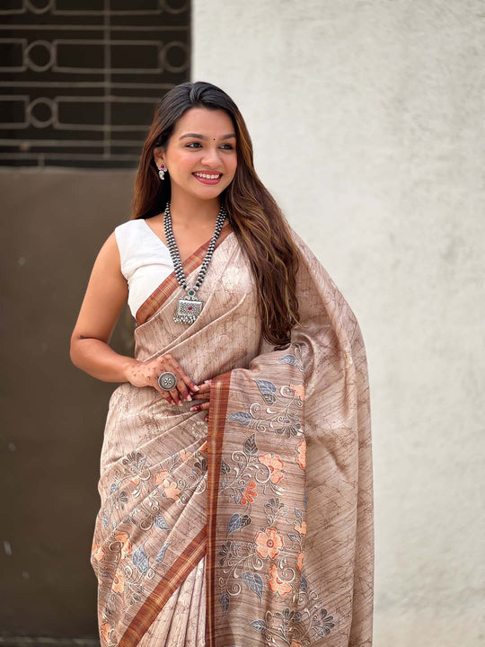 Brown Digital Printed Silk Saree With Blouse Piece