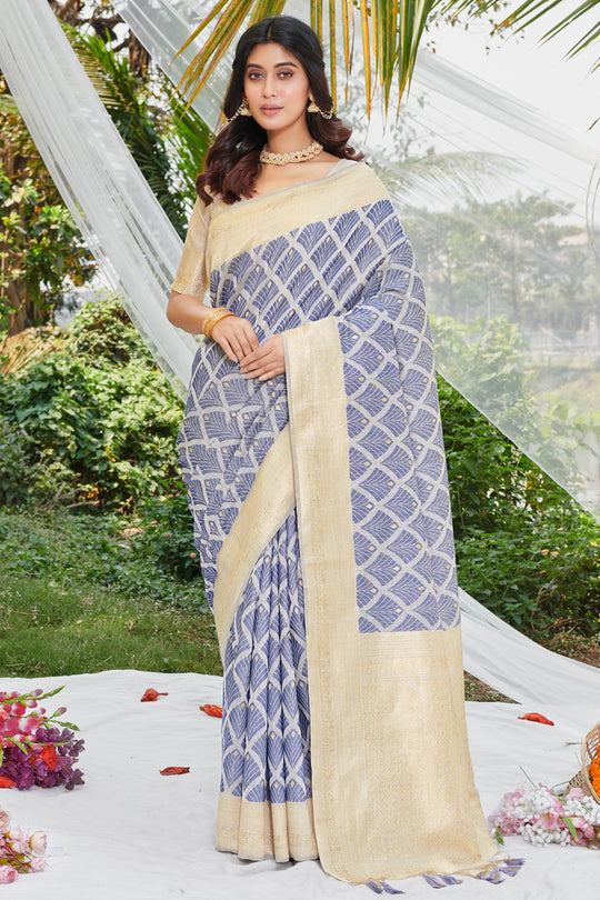 Blue Cotton Thread Work Saree With Blouse Piece