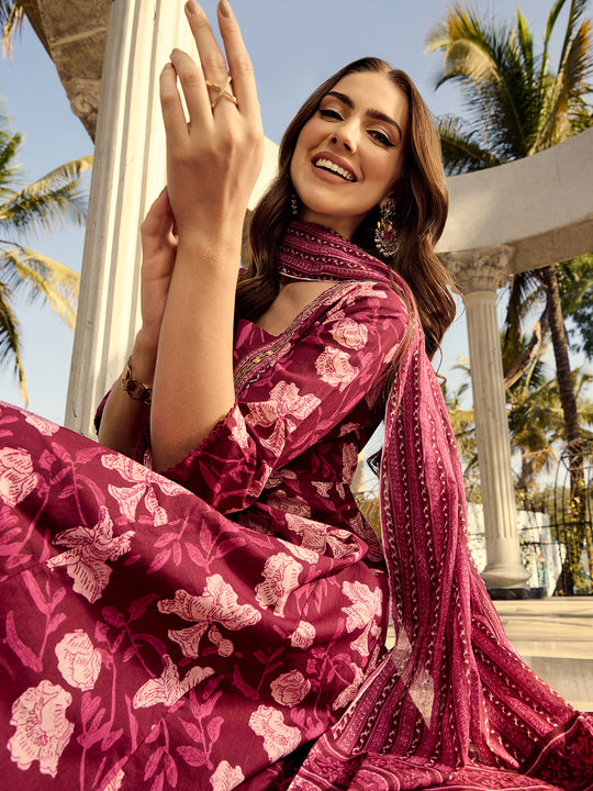 Cotton Embellished Floral Printed A-line Kurta With Trouser & Dupatta