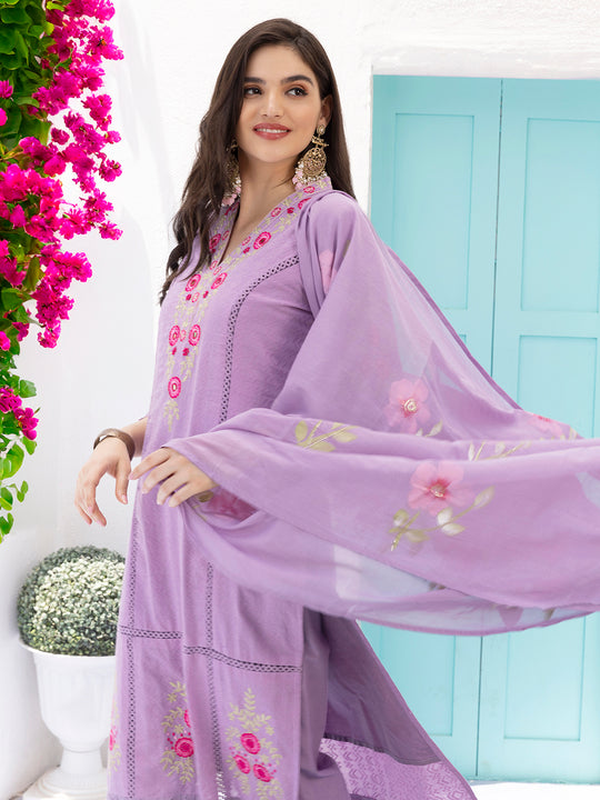 Purple Floral Embroidered Schiffli Pure Cotton Kurta With Trousers & Dupatta