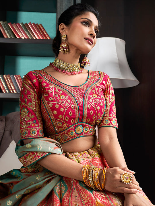Multicolor & Pink Banarasi Silk Semi Stitched Lehenga