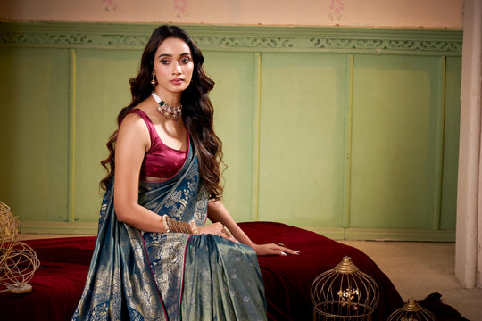 Satin Tissue Woven Design Jacquard Work Saree With Blouse Piece