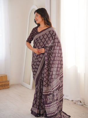 Soft Pure Cotton Hand Bagru Print Sarees With Blouse Pice
