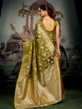 Green Banarasi Premium Soft Silk With Gold Zari With Zhallar Saree With Blouse Piece