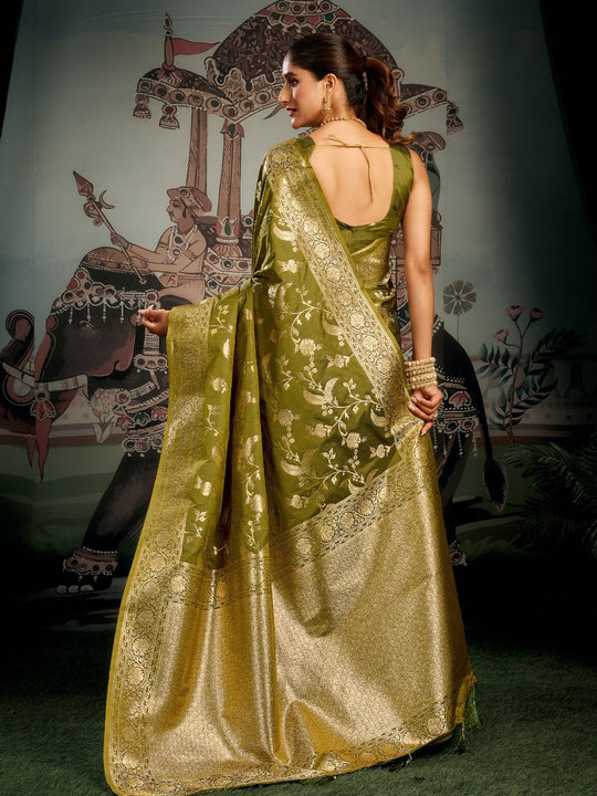 Green Banarasi Premium Soft Silk With Gold Zari With Zhallar Saree With Blouse Piece