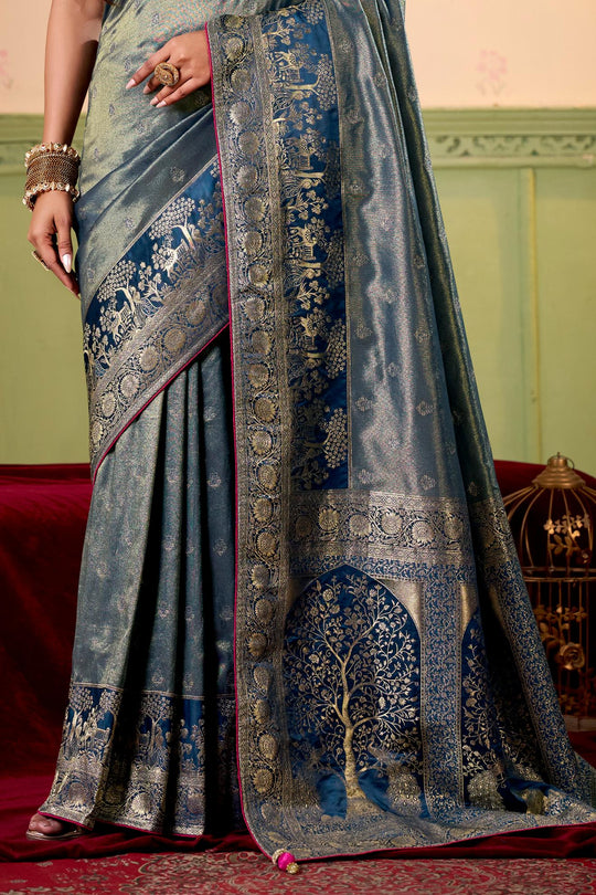 Satin Tissue Woven Design Jacquard Work Saree With Blouse Piece