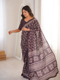 Soft Pure Cotton Hand Bagru Print Sarees With Blouse Pice