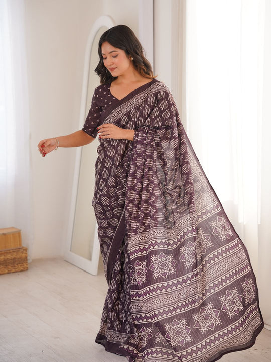 Soft Pure Cotton Hand Bagru Print Sarees With Blouse Pice