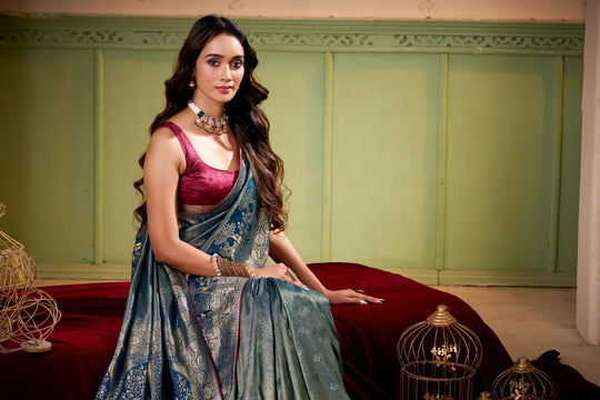 Satin Tissue Woven Design Jacquard Work Saree With Blouse Piece