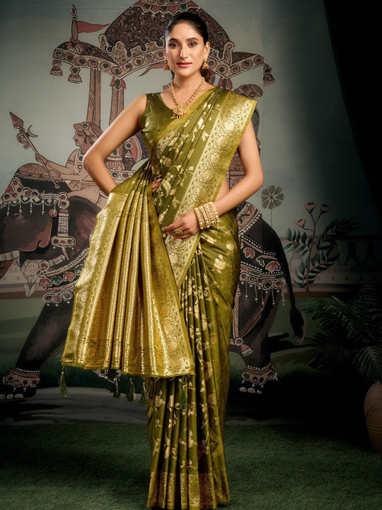 Green Banarasi Premium Soft Silk With Gold Zari With Zhallar Saree With Blouse Piece
