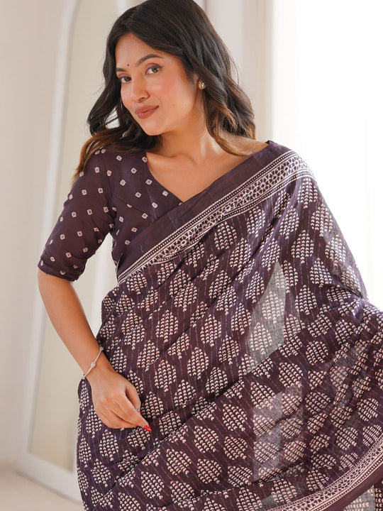 Soft Pure Cotton Hand Bagru Print Sarees With Blouse Pice