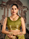Green Banarasi Premium Soft Silk With Gold Zari With Zhallar Saree With Blouse Piece